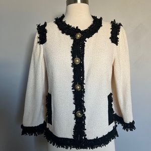 St. John Collection Cream Black Applique Knit Crepe Evening Dress Jacket‎ Blazer